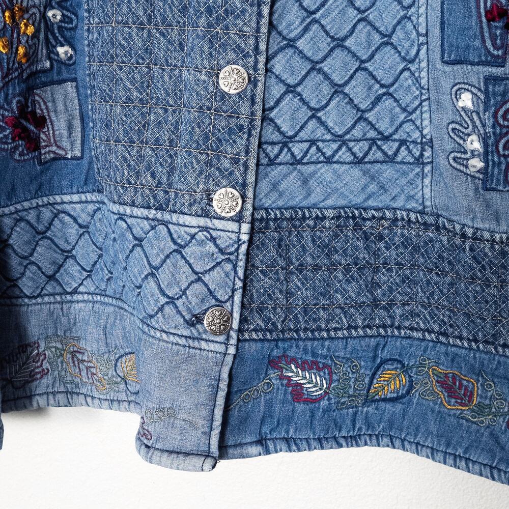 Keren Hart Blue Denim Jacket XL Embroidered Bird Patchwork Cottagecore - Picture 5 of 8